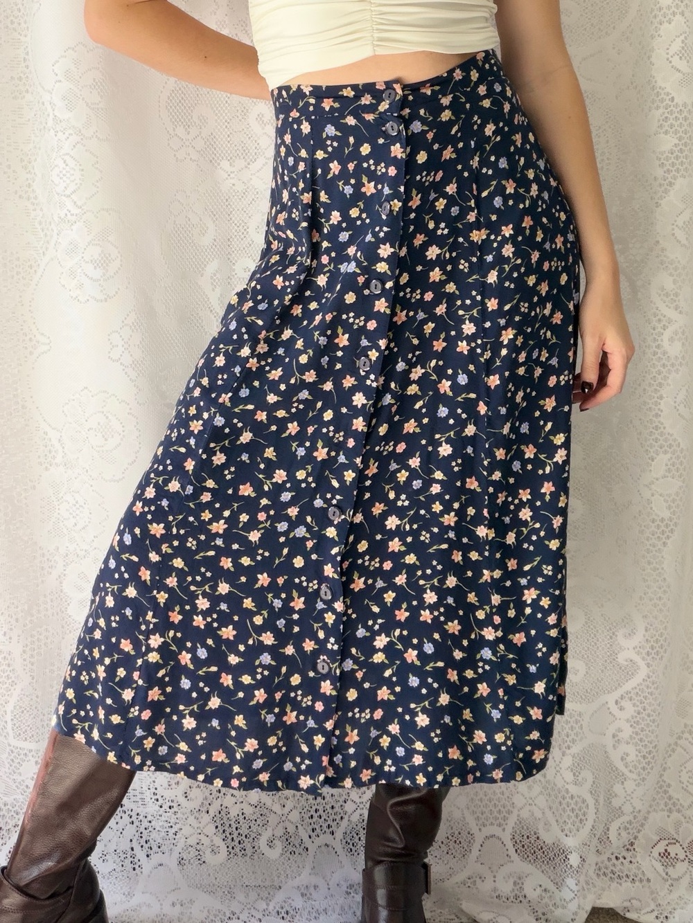 90s Sag Harbor Navy Floral Rayon Button Front Midi Skirt Cottagecore